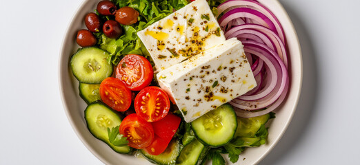 Traditional greek salad with feta cheese, olives, tomatoes, cucumbers, and red onions seasoned with oregano and olive oil.