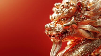 Fototapeta premium The Majestic Beauty of a Golden Dragon Sculpture Against a Vibrant Red Background