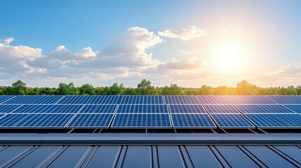 A rooftop with solar panels under a bright sky, reflecting sustainable energy solutions and a commitment to environmental conservation.