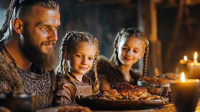 A Viking family joyfully gathered for a festive feast in a warm setting