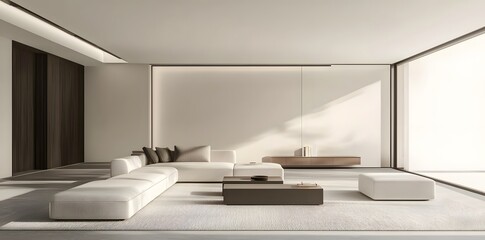 A spacious modern minimalist living room featuring sleek furniture, clean lines, and a calming neutral color palette.