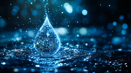 Digital blue water drop icon with binary code, artificial intelligence in water resource management, hydrology modeling, environmental monitoring, analysis for sustainable conservation efforts 