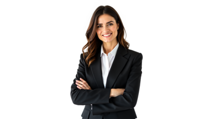 Confident businesswoman portrait. Black suit, arms crossed, direct gaze on white. Professional, authoritative, approachable for corporate website, business, HR. Isolated on transparent background.