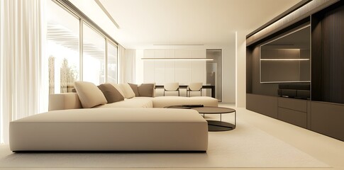 In a modern minimalist living room, sleek furniture and a neutral palette create a refined, clutter-free space.