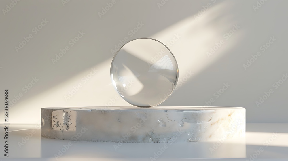 Poster a simple podium with a single clear crystal sphere, centered on a smooth base