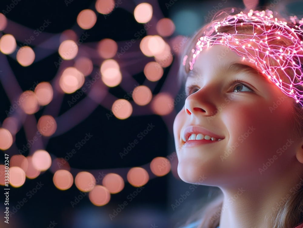 Aufkleber young girl with glowing neural headgear and abstract lights, visualizing the intersection of artific