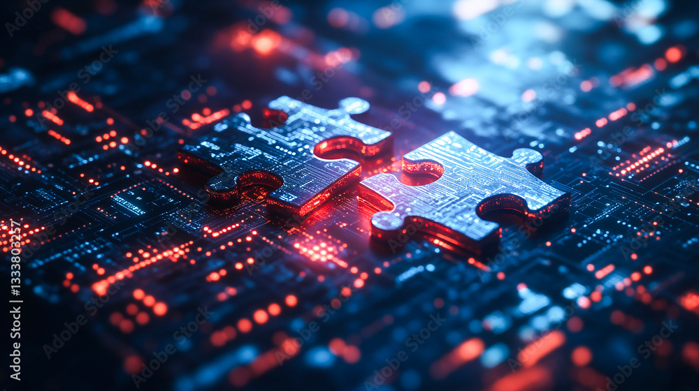 Poster digital representation of api integration concept with two interlocking puzzle pieces against a futu