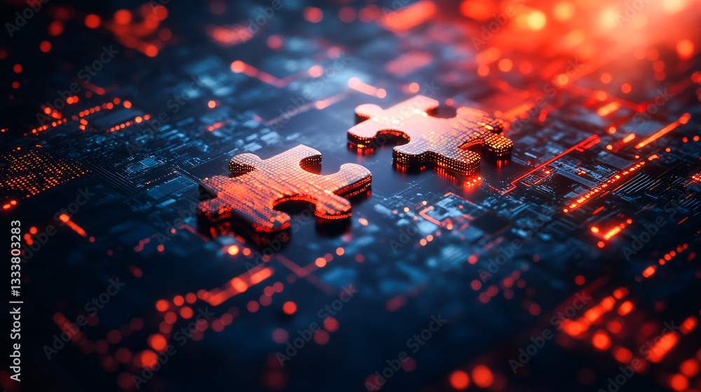 Poster digital representation of api integration concept with two interlocking puzzle pieces against a futu