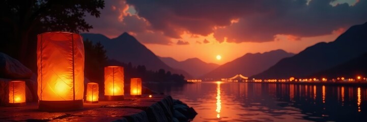 Lanterns in the darkening sky cast a warm glow, golden, dark, peaceful