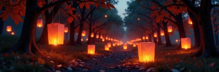 Naklejka premium Lanterns scatter across trees like fireflies at dusk, cozy, warm, lanterns