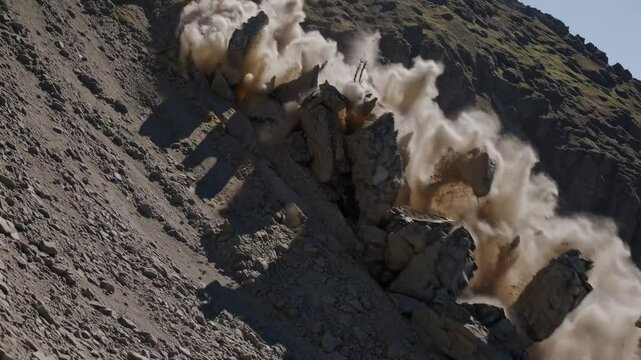 Rockfall on Mountain Slope Captured in High Resolution: A dramatic scene showcasing gravel and boulders cascading down a steep surface against a rugged terrain under natural lighting.
