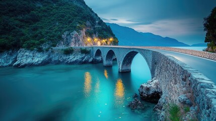 An arched stone bridge crosses a body of water at twilight
