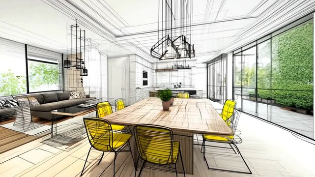 Modern Interior Design Sketch of Bright Open Concept Living Space