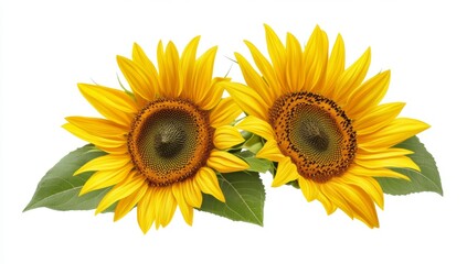 Naklejka premium Two vibrant sunflowers, bright yellow petals, dark centers, lush green leaves, isolated on white background