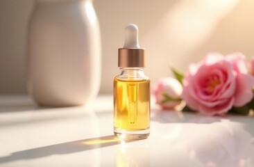 Serene floral essence: glass dropper bottle with rose petals and soft lighting