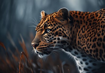 Obraz premium Majestic Close-Up of a Leopard with Striking Spots and Intense Gaze in Lush Natural Environment
