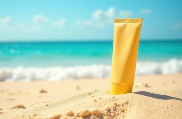Yellow sunscreen bottle on sandy beach with ocean background