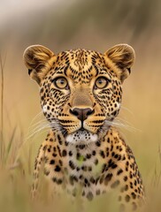 Naklejka premium Majestic Close-Up of a Leopard's Face in Natural Habitat Showcasing Unique Spots and Piercing Eyes Beneath a Soft Overcast Sky