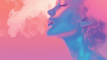 Close-up profile view of a woman's face, rendered in pastel shades of pink, blue, and purple.  Her eyes are closed, and she appears to be exhaling vapor or smoke, which forms an abstract cloud