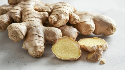 Fototapeta premium Fresh ginger root arranged on a light colored textured surface