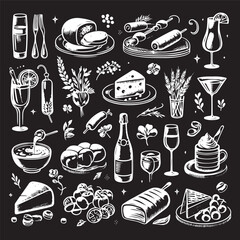 chalk food vector illustrations. wedding dinner icons, wine or champagne glass, cheese, and charcuterie drawings for wedding invitations, cafe menus, and parties vector silhouette

