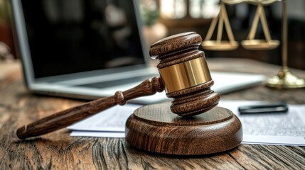 A wooden gavel rests near a laptop and a balance scale