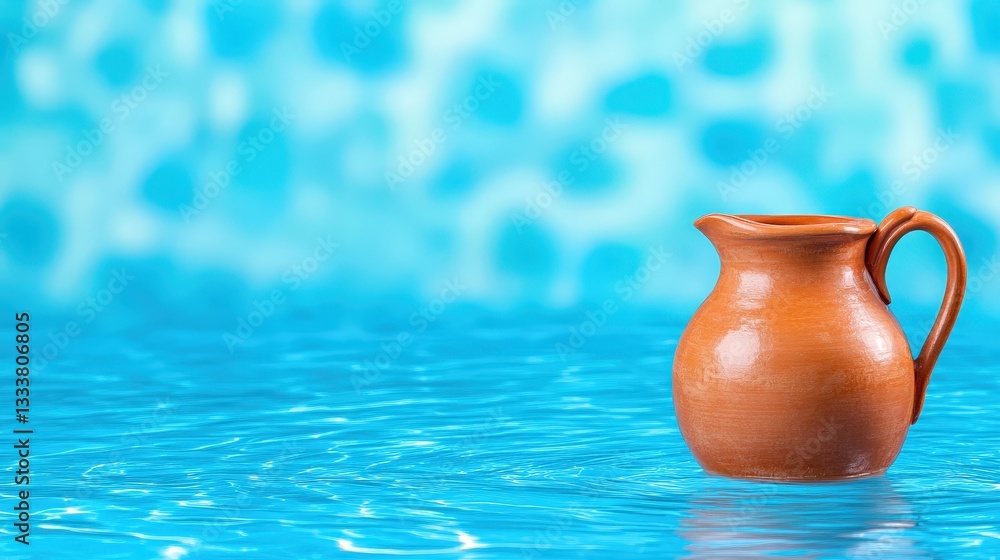 Aufkleber a rustic clay jug rests on a shimmering blue surface, creating a serene and tranquil atmosphere.