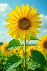 Fototapeta premium Large bright yellow petals unfolding from a green stem, sunflower, landscape