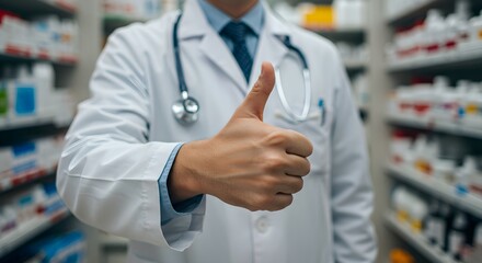 Male doctor giving thumbs up in pharmacy with medication shelves. Healthcare professional in white coat, stethoscope showing approval. Medical Pharmacy, healthcare consultations, medical insurance