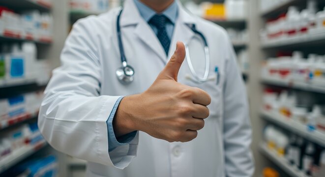 Male doctor giving thumbs up in pharmacy with medication shelves. Healthcare professional in white coat, stethoscope showing approval. Medical Pharmacy, healthcare consultations, medical insurance