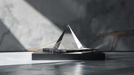 A sleek podium with a minimalistic design, featuring a clear crystal pyramid