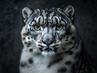 Obraz premium Majestic Close-Up of a Snow Leopard with Striking Green Eyes Against a Dark Background Showcasing Its Distinctive Fur and Intense Gaze