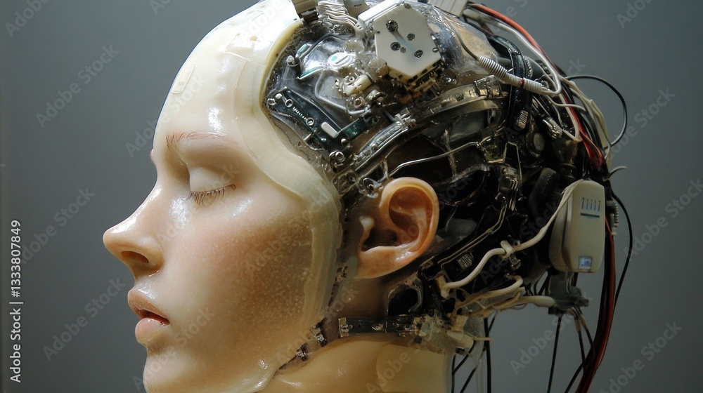 Poster conceptual portrait of advanced technology merging with humanoid form in detail