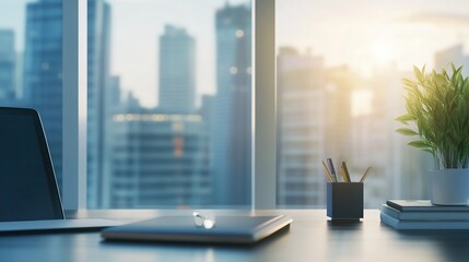 Minimalist office desk with natural light, blurred cityscape outside; simplicity and focus in a modern workspace.
