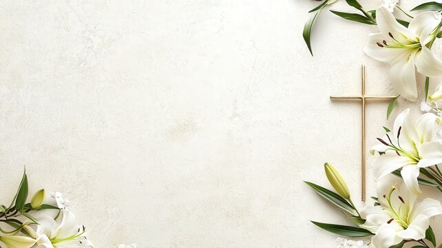 Clean, subtle design featuring a cross and white lilies on a light background, perfect for Easter Mass invitations, church bulletins, or spiritual spring-themed announcements.

