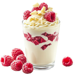 A Glass of Cream with Raspberries and White Chocolate on Transparent Background