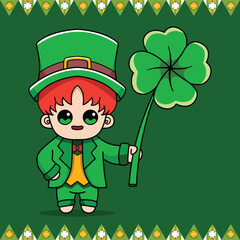 Illustrations of Kawaii Person Holds Shamrock to Celebrate St Patrick