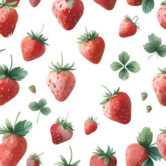 Fresh Red Strawberries and Green Leaves Pattern on Transparent Background – Realistic and Vibrant Fruit Illustration, Artistic Food Design Fresh Fruit Digital Art, Fabric, and Packaging Design