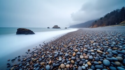 Pebble beaches at midday in winter, covered in a light snowfall. The silent, frozen shore stretches into the misty horizon, evoking a lonely and melancholic scene.