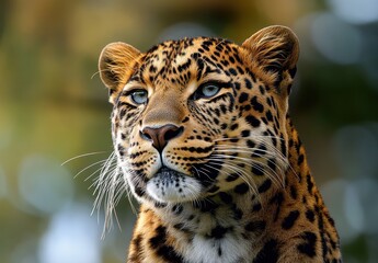 Obraz premium Majestic Close-up Portrait of a Beautiful Leopard with Striking Spots and Intense Blue Eyes in Natural Habitat Setting