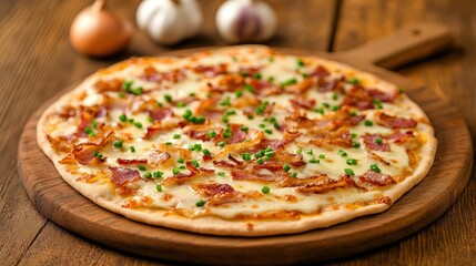 A delicious pizza topped with cheese, bacon, and green onions, served on a wooden platter, accompanied by garlic and onions in the background.