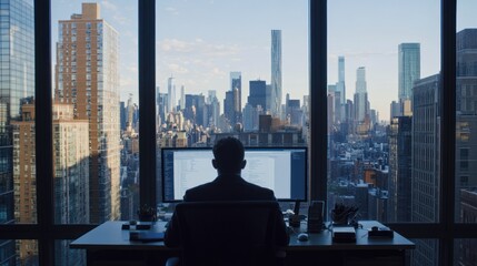 Focused professional at work with a panoramic city skyline background view