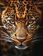 Obraz premium Majestic close-up portrait of a leopard showcasing intricate fur patterns and piercing eyes against a blurred dark backdrop, highlighting wild beauty and strength