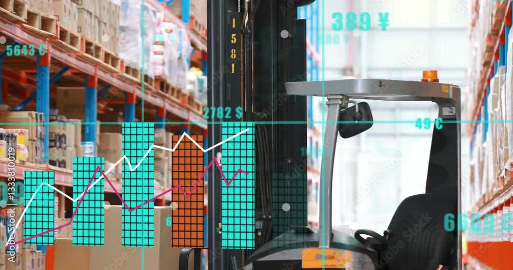 Poster warehouse forklift moving with animation of financial data and graphs overlaying
