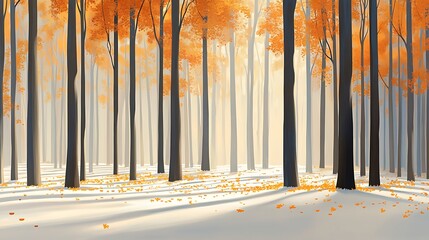 Autumn sunlight filters through forest, golden leaves on snow. Scenic backdrop