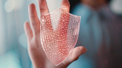A hand holding a digital shield protecting private user data. No excessive blur with well-defined gradients.