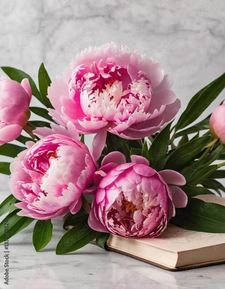 Poster pink peonies with lush blooms gracefully rest next to an open vintage book, inviting a moment of tra