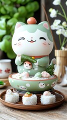 Obraz premium A cute cat figurine with a smiling face holds sushi, surrounded by decorative elements and plants, creating a cheerful atmosphere.