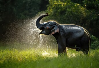 Obraz premium Majestic elephant enjoying a playful shower in a lush green landscape, illuminated by soft sunlight in a serene natural setting