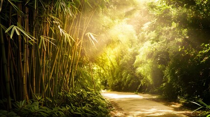 Fototapeta premium A tranquil pathway winding through a lush bamboo forest with sunlight streaming through.